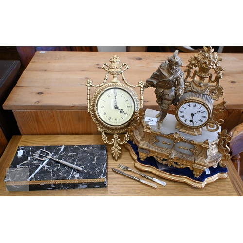 474 - A gilt spelter and alabaster mantel clock, to/w a gilt metal wall clock and a marble trinket-box (3)