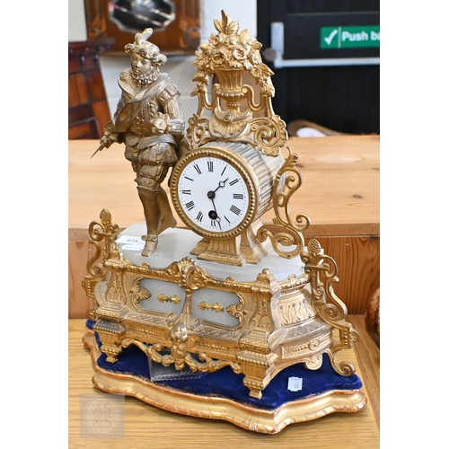 474 - A gilt spelter and alabaster mantel clock, to/w a gilt metal wall clock and a marble trinket-box (3)