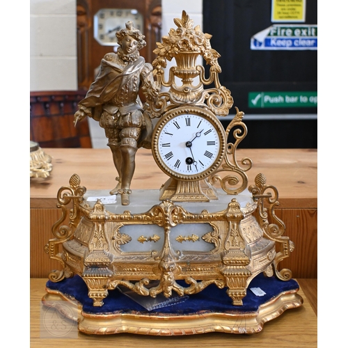 474 - A gilt spelter and alabaster mantel clock, to/w a gilt metal wall clock and a marble trinket-box (3)