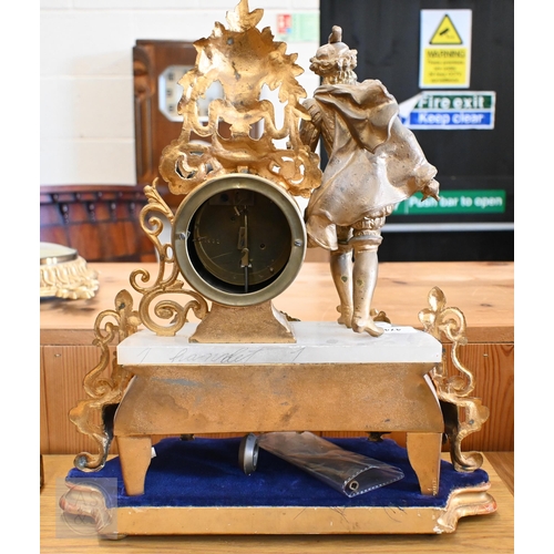 474 - A gilt spelter and alabaster mantel clock, to/w a gilt metal wall clock and a marble trinket-box (3)