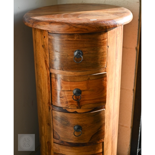 52 - Indian Jali Sheeham wood cylindrical drum chest with five drawers, 45 cm dia x 88 cm h