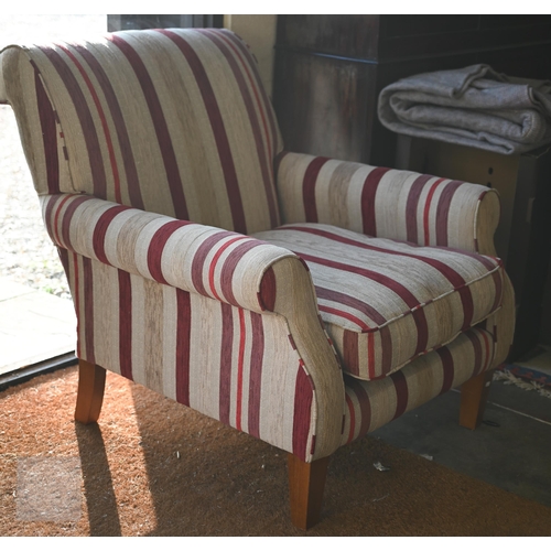 56 - Laura Ashley modern armchair upholstered in multi-coloured striped fabric on hardwood tapering squar... 