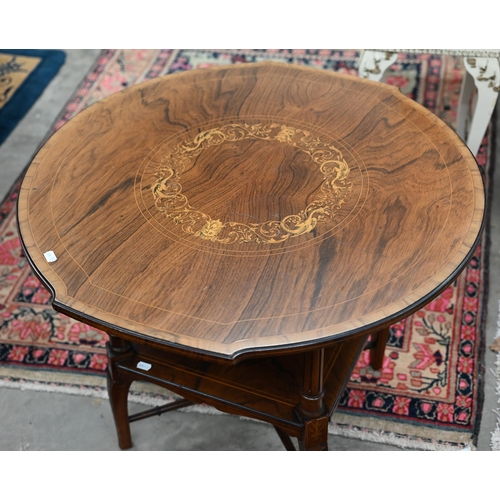 61 - Edwardian rosewood and marquetry coffee table on fluted pillars and square legs with cross stretcher... 