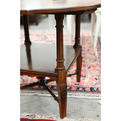 61 - Edwardian rosewood and marquetry coffee table on fluted pillars and square legs with cross stretcher... 