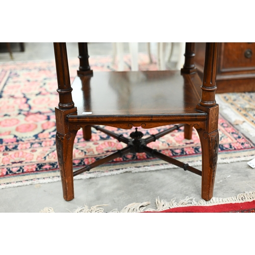 61 - Edwardian rosewood and marquetry coffee table on fluted pillars and square legs with cross stretcher... 