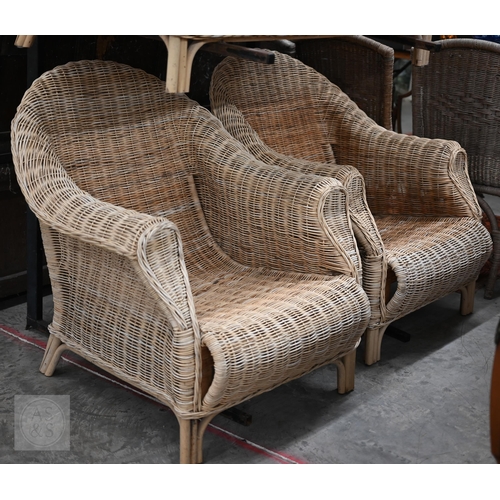 63 - Wicker three-piece conservatory suite (sofa and two armchairs) to/w four other wicker side chairs