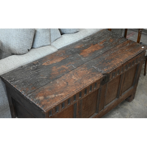 66 - An 18th century and later panelled oak coffer, 110 cm w x 46 cm d x 55 cm h