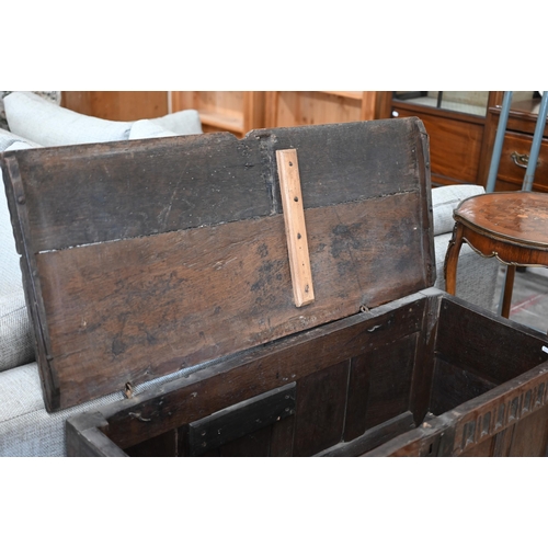 66 - An 18th century and later panelled oak coffer, 110 cm w x 46 cm d x 55 cm h