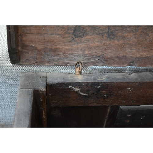 66 - An 18th century and later panelled oak coffer, 110 cm w x 46 cm d x 55 cm h