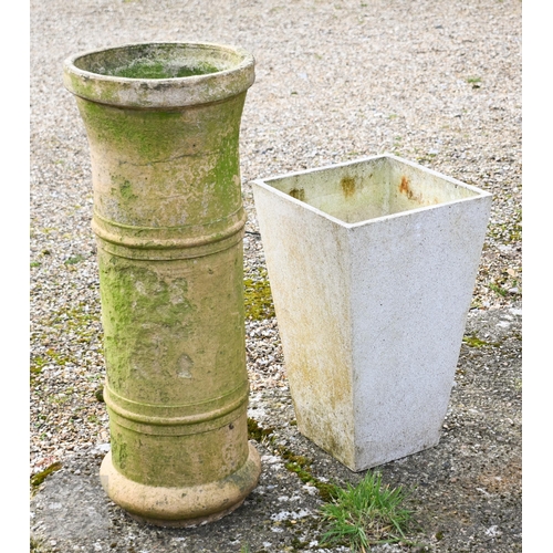 7 - An old tall weathered chimney pot, 77 cm h to/w a modern square tapering planter (2)