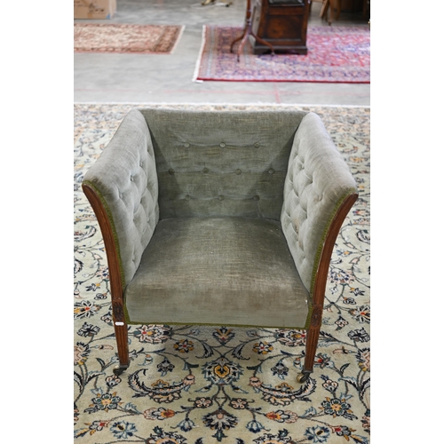 76 - Antique walnut framed square tub chair upholstered in green button back dralon fabric