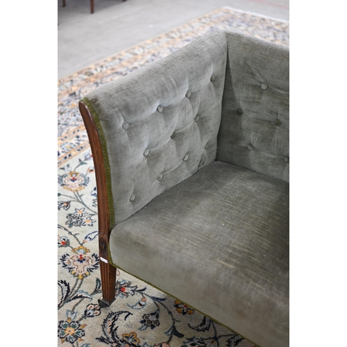 76 - Antique walnut framed square tub chair upholstered in green button back dralon fabric