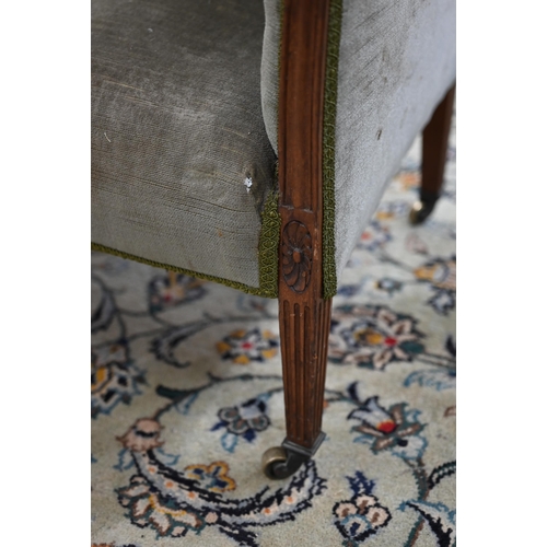 76 - Antique walnut framed square tub chair upholstered in green button back dralon fabric