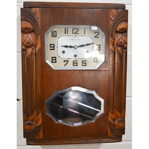 88 - A French Art Deco walnut cased Veritable 'Westminster' Bidan Vaudry-vire wall clock, 44 cm w x 16 cm... 