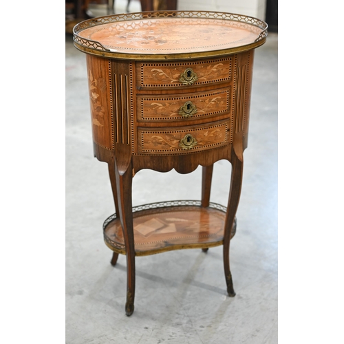 95 - A French kingwood and floral marquetry three drawer side table with pierced brass galleries on the t... 