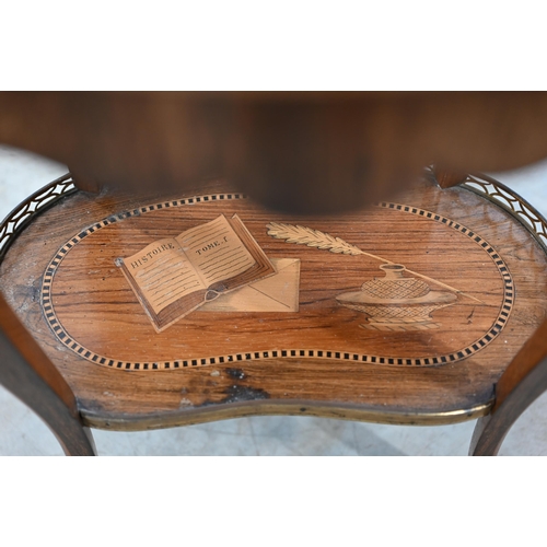 95 - A French kingwood and floral marquetry three drawer side table with pierced brass galleries on the t... 