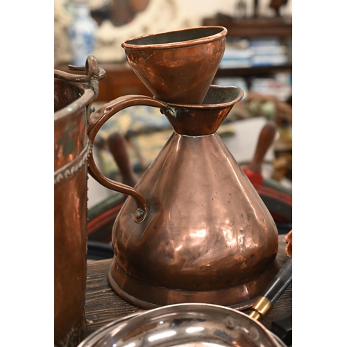 96 - An assortment of antique copper including kettle, measure, saucepans, etc to/w a riveted copper coal... 