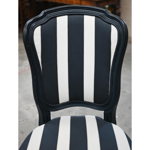 127 - Four modern side chairs with painted frames, the backs and seats upholstered in blue/cream striped f... 