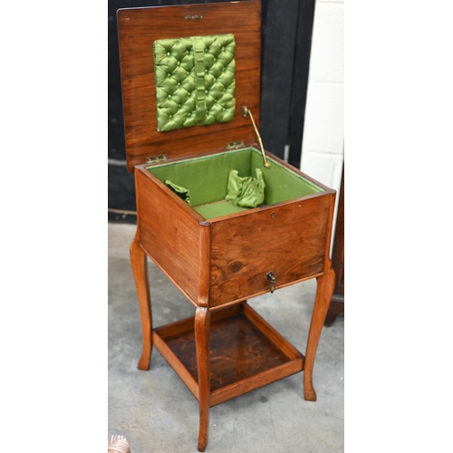 130 - Edwardian walnut sewing table with hinged top enclosing silk lined interior over single drawer, shap... 