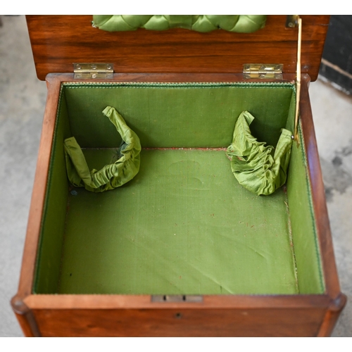 130 - Edwardian walnut sewing table with hinged top enclosing silk lined interior over single drawer, shap... 