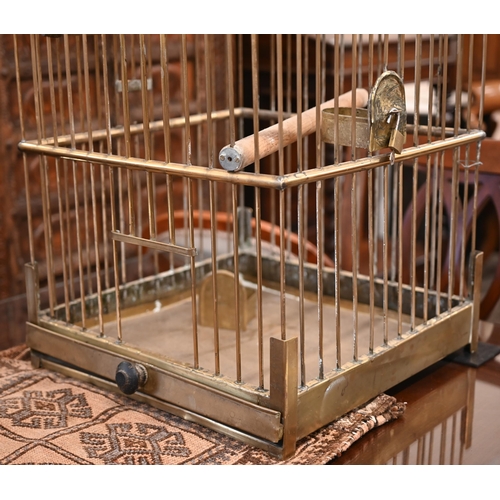 276 - A large Victorian brass parrot/bird cage with turned wooden hanging mount, 46 x 46 x 106 cm h