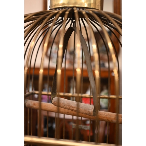 276 - A large Victorian brass parrot/bird cage with turned wooden hanging mount, 46 x 46 x 106 cm h