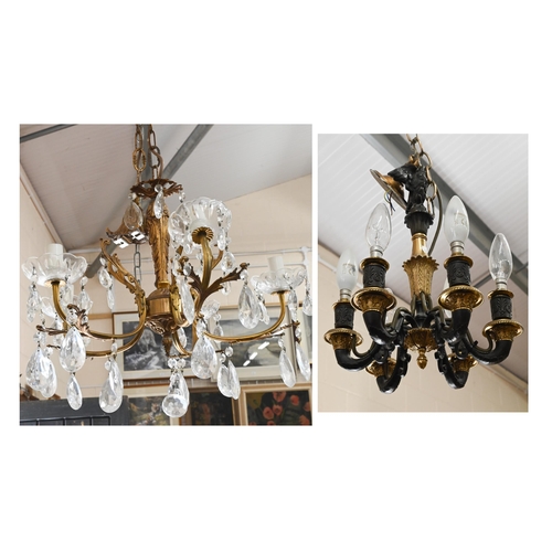 281 - Early 20th century French Empire style bronze and brass six-branch chandelier, approx 35 cm, to/w or... 