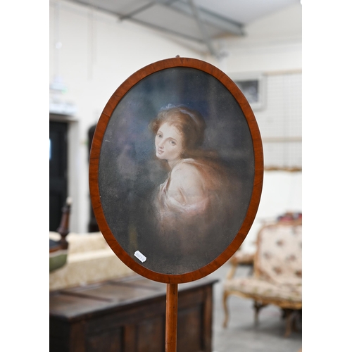 289 - Victorian adjustable pole screen with oval pastel portrait of a young lady