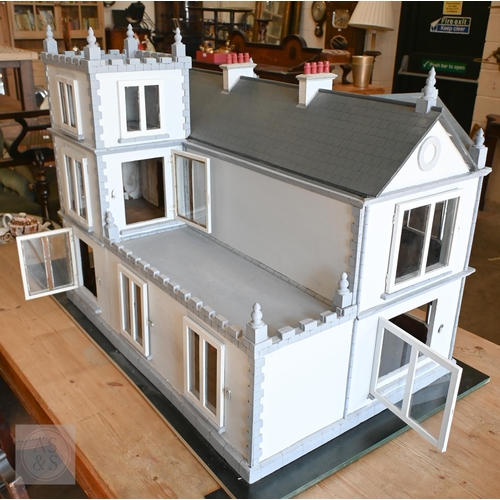 542 - A vintage Scottish grey painted doll's house villa, 123 cm wide at base, to/w a small selection of f... 