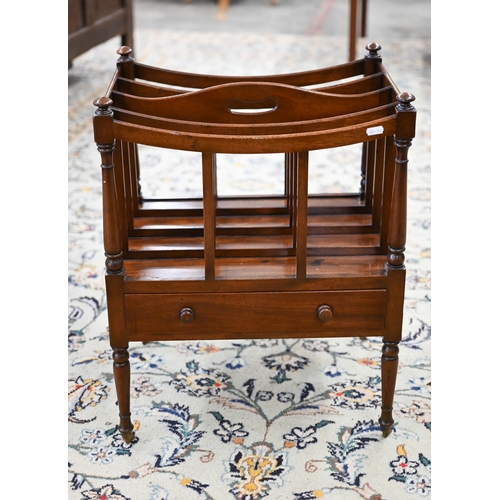 57 - Reproduction mahogany four-division Canterbury on turned legs, to/w a child's chair (2)