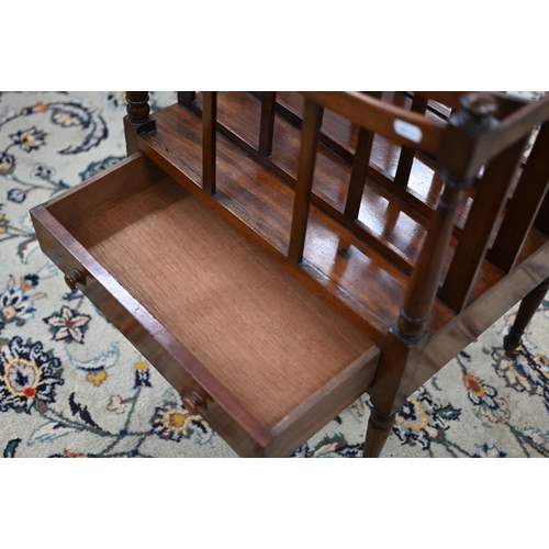 57 - Reproduction mahogany four-division Canterbury on turned legs, to/w a child's chair (2)