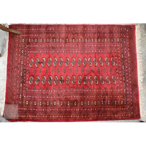 62 - A Pakistani Turkoman design rug with repeat gul design on red ground, to/w a Ghanaian blanket, 244 x... 