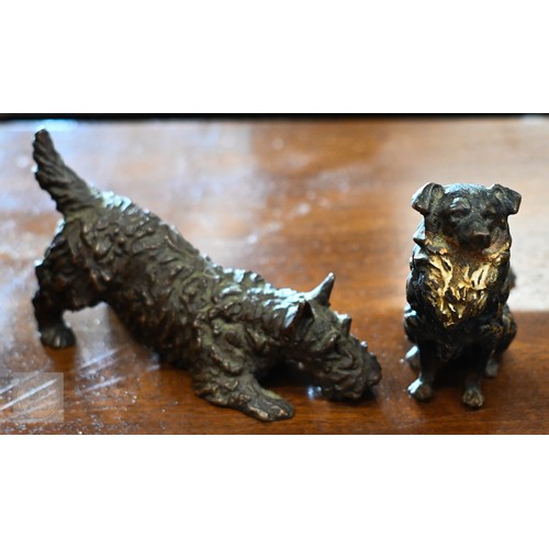 457 - Two bronze dogs - one stamped for M. Kirmse, Gorham Co., to/w a bronzed rolling horse, a faun and a ... 