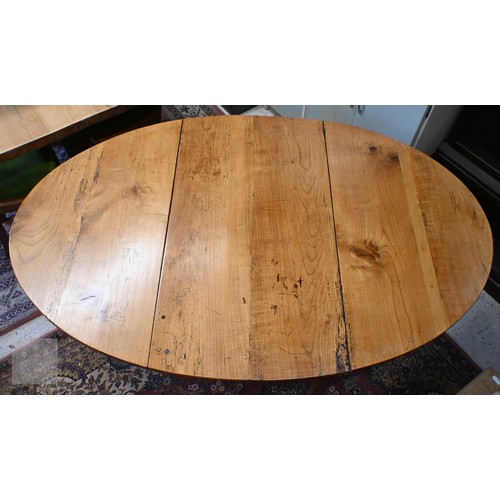 107 - Antique fruitwood drop-leaf dining table, 164 x 110 x 74 cm h, to/w four antique mahogany lath back ... 