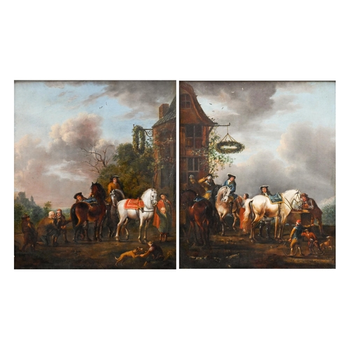Pieter Wouverman (1623-1682) attrib - A pair - Travellers beside an inn, oil on panel, one signed lower left, 36 x 31 cm (2)