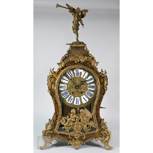 670A - A Louis XV French boulle work bracket clock, the brass inlaid tortoiseshell case surmounted by a hor... 