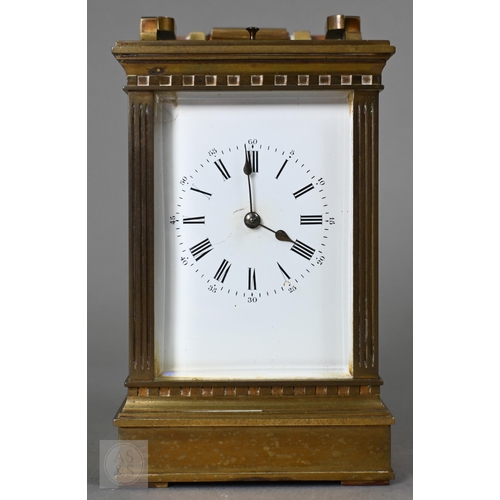671 - A late 19th century brass cased twin train repeating movement carriage clock, striking the hours and... 