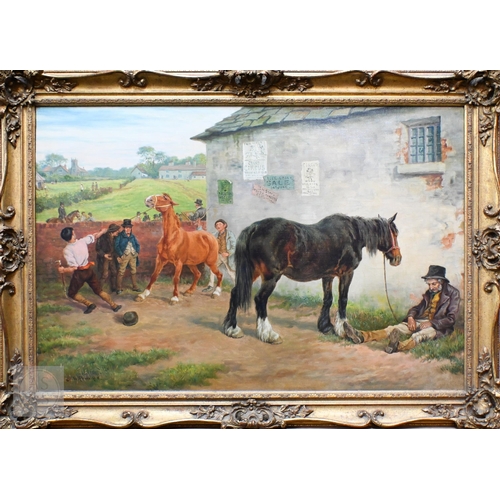 Briton Riviere RA (1840-1920) - The farm auction, oil on canvas, signed lower left, 60 x 90 cm