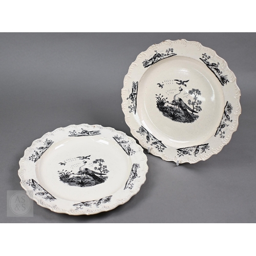 414 - A pair of 18th century Wedgwood creamware plates, transfer-printed with 'Liverpool Birds', 25 cm dia... 