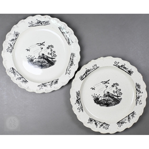414 - A pair of 18th century Wedgwood creamware plates, transfer-printed with 'Liverpool Birds', 25 cm dia... 