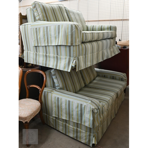 292 - Pair of two seater box arm sofas upholstered in green striped fabric, 152 cm wide x 90 cm deep x 80 ... 