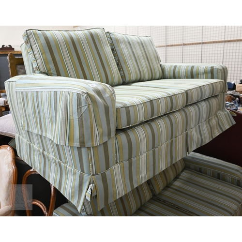292 - Pair of two seater box arm sofas upholstered in green striped fabric, 152 cm wide x 90 cm deep x 80 ... 