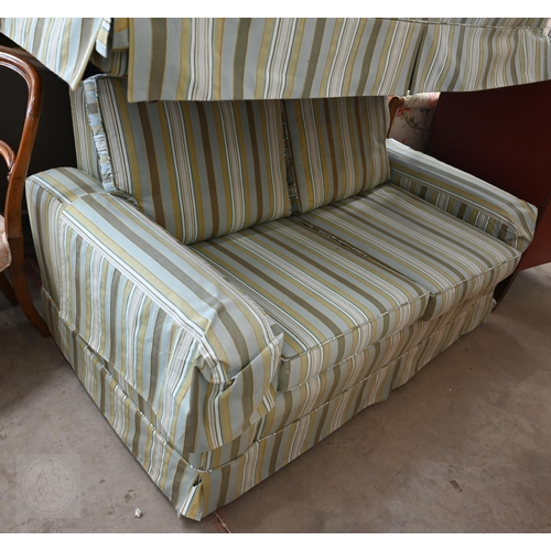 292 - Pair of two seater box arm sofas upholstered in green striped fabric, 152 cm wide x 90 cm deep x 80 ... 