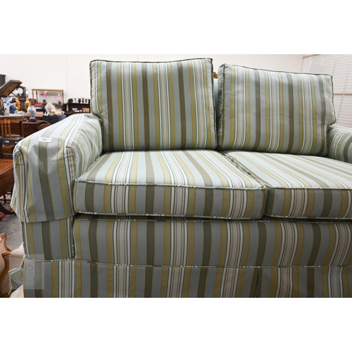 292 - Pair of two seater box arm sofas upholstered in green striped fabric, 152 cm wide x 90 cm deep x 80 ... 