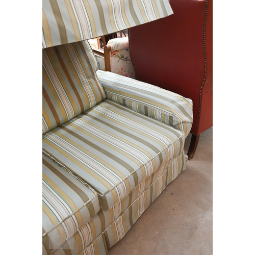 292 - Pair of two seater box arm sofas upholstered in green striped fabric, 152 cm wide x 90 cm deep x 80 ... 