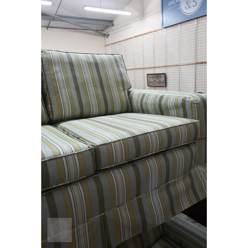 292 - Pair of two seater box arm sofas upholstered in green striped fabric, 152 cm wide x 90 cm deep x 80 ... 