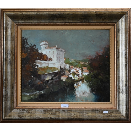 343 - Continental school - Mediterranean riverside villa, oil on canvas, signed, 37 x 45 cm