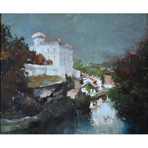 343 - Continental school - Mediterranean riverside villa, oil on canvas, signed, 37 x 45 cm