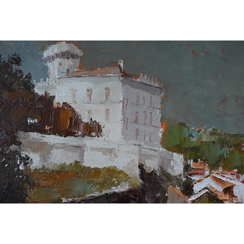 343 - Continental school - Mediterranean riverside villa, oil on canvas, signed, 37 x 45 cm