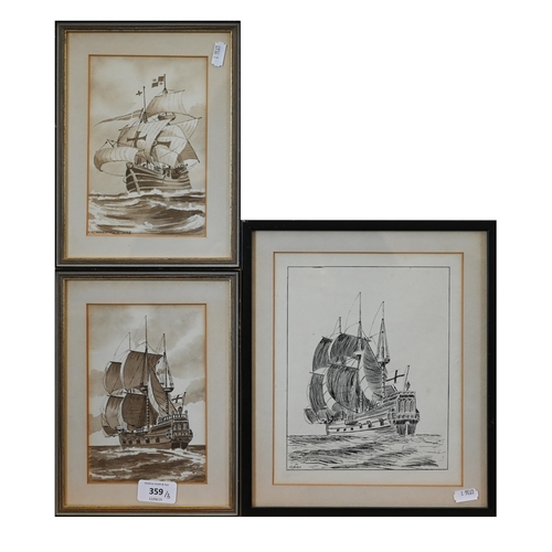 359 - #H N Halstead - Two en grisaille wash studies of galleons, signed and dated 1935, 17 x 12 cm to/w a ... 